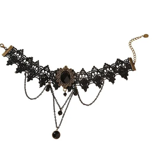 Gothic Black Lace Crystal Choker Necklace Sexy Gemstone Pendant Neck Chain Halloween Costume Jewelry for Women Girls