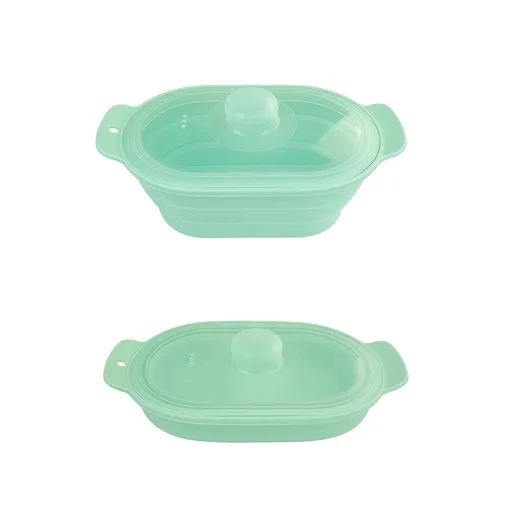 Foldable Food-Grade Silicone Steamer Pot with Lid and Steamer Rack – Space-Saving Collapsible Cookware for Microwave, Freezer, Camping, and Outdoor Meals, Effortless Storage and Versatile Kitchen Companion (Rectangular Style, Green)