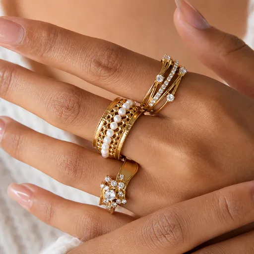 3-Piece Vintage Gold-Plated Stainless Steel Rings Set for Women - Waterproof Hypoallergenic Stackable Statement Rings, Pearl Crystal & Lace Style Collection Size 7 Inner Diameter 0.68 in