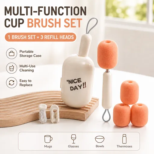 White Portable 3-in-1 Cup Cleaning Brush Set with 3 Replacement Sponge Heads – Retractable Long Handle Bottle Brush for Travel Mugs, Coffee Cups, Water Bottles, Tumblers,Camping, Office & Home Use