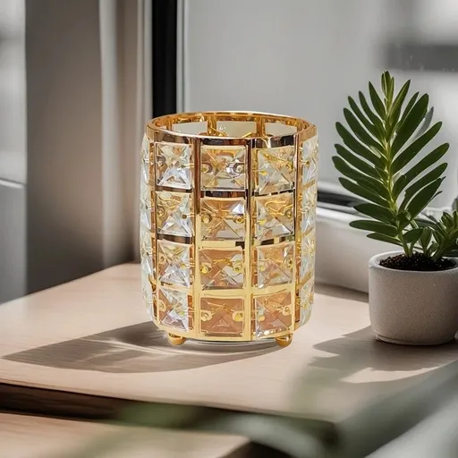 1 piece crystal pen holder, round creative desktop makeup brush storage box, polished cast iron metal art decorative display piece, lightweight and desktop style.golden