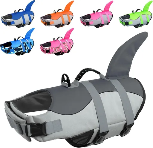 1 Piece Grey Dog Life Jacket with Handle, Reflective Flotation Vest for Water Sports, Size M