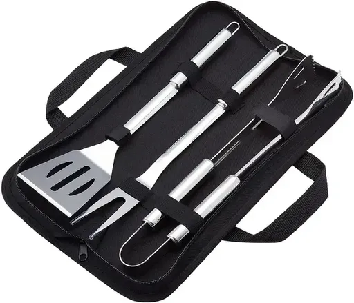 3 Piece Stainless Steel BBQ Grill Tool Set with Spatula, Fork, Tongs and Carrying Bag for Camping and Outdoor Grilling