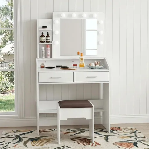 Diana Vanity Set with Shelves Cushioned Stool and Lighted Mirror- White
