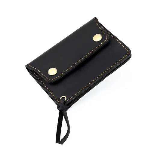Black Vintage Handmade Crazy Horse Leather Wallet - Compact Card Holder & Zippered Coin Purse with Snap Closure