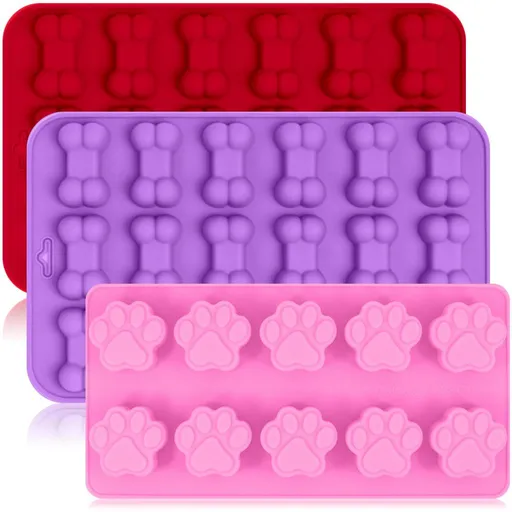 3 Pack Paw and Bone Shape,Bakeware Maker for Baking Chocolate Candy, Oven Microwave Freezer Dishwasher Safe - Pink, Red, Purple