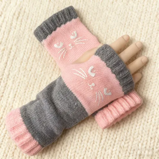 Spliced Cozy Knit Fingerless Gloves Hand Protection Work Daily Wear 2 Pcs Cat Head Pink Pattern Popular Christmas Holiday Gift