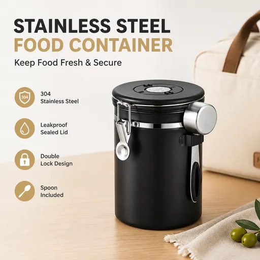 Black 304 Stainless Steel Airtight Coffee Canister 1800ml Vacuum Seal Storage Jar with Date Tracker & Measuring Scoop for Coffee Beans Tea Storage