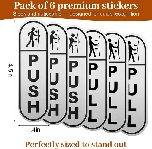 6PCS Push Pull Door Stickers - Shimmeroo Durable Waterproof Strong Adhesive Pull Push Door Sign Stickers for Home Office Business Doors Gloss Wipeable