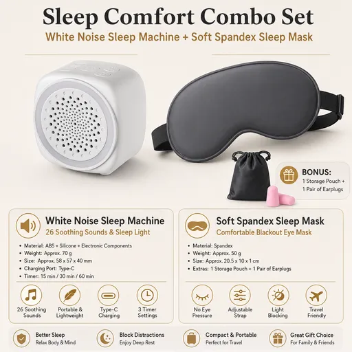 Soft Sleep Aid combination - White Noise Machine with 7-Colour Night Light and Grey Spandex Eye Mask, Portable Sound and Complete shading environment for Better Rest