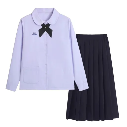 Thai School Uniform Shirt Cotton Blend Embroidery Badge Thai women's long-sleeved shirt + navy blue dress M