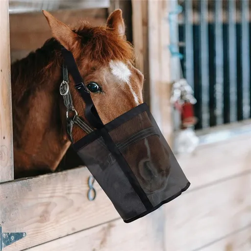 Horse Feed Bag Pack of 2, Feed Bags for Horses with Ventilation Mesh, Comfort Nose Pad Neck Pad, Adjustable Strap, Spill Proof Design for Independent Feeding Grain (M)