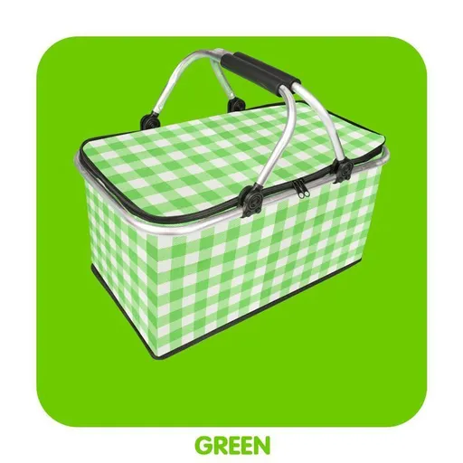 Thickened Foldable Aluminum Foil Insulated Picnic Basket-Green chequered pattern