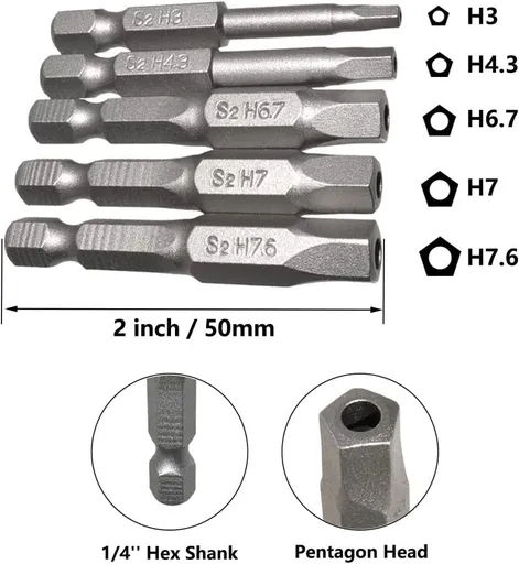 5 pcs Magnetic Pentagon Head Screwdriver Bits Set 1/4 Inch Hex Shank Security Tamper Proof Pentagonal Drive