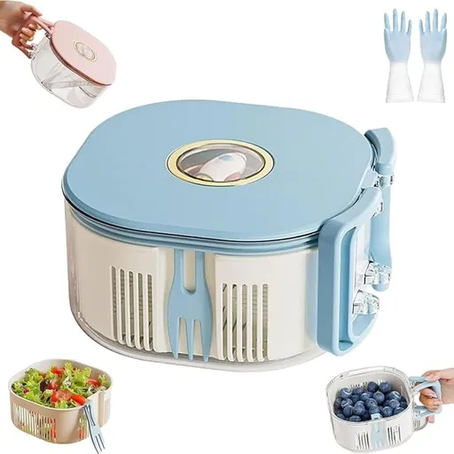 3 in 1 Fruit Washing Spinner Bowl with Built-in Fruit Fork, Leakproof Salad Spinner, Vegetable Washer, Colander Basket, Food Strainer and Storage Container for Fruits & Vegetables