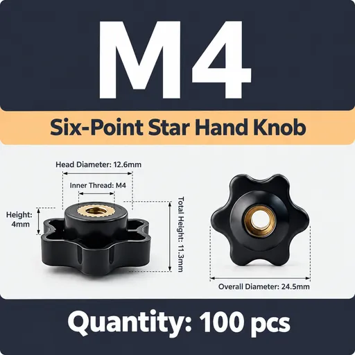 Six-Lobe Star Through-Hole Hand Knob Tightening Fastener with Brass Internal Thread for Furniture Decoration, Food Industry, Marine Parts, Mechanical Operations and General Industrial Production (M4(100PCS))