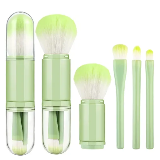 Travel Makeup Brush Set with case, 4 in 1 Mini Cute Makeup Brush Retractable Professional Foundation Blending Powder Eye Shadow Brush for Women Facial Cosmetics Makeup Brush Set(Green)