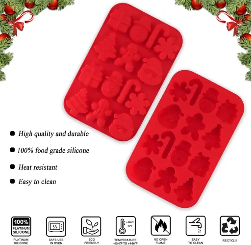 2 Pcs Silicone Christmas Baking Mold Set, Tree Snowflakes Snowman Santa Claus Gift Box Gingerbread Walking Stick Cake Mold