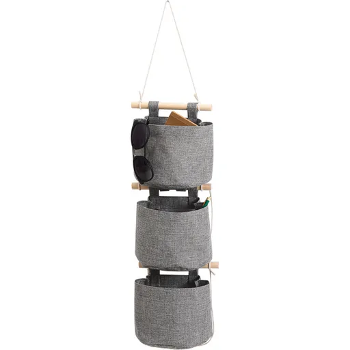 3 Layer Hanging Storage Bag with Pockets, Cotton Linen Wall Organiser for Bedroom, Bathroom, Nursery and Door Storage, Grey