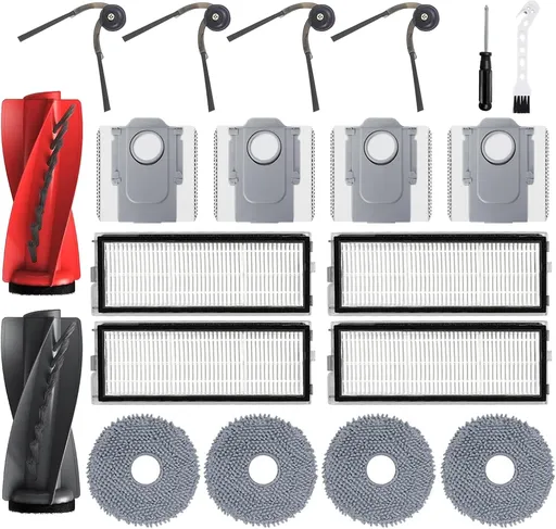 Qrevo S5V Replacement Parts for Roborock Qrevo S5V/Curv/Edge/Edge S5A/Curv S5X Accessories -1 Roller Brush, 4 Mop Pads, 4 Vacuum Bags, 4 Hepa Filters, 4 Side Brush, 1 Clean Tool & 1 Screwdriver-19Pack