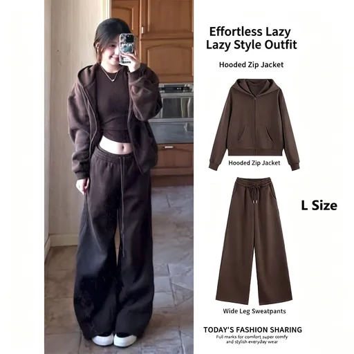 Women Chestnut Brown Basic 2-Piece Tracksuit, Lightweight Comfort Outfit Size L, Versatile Daily Layering Clothing