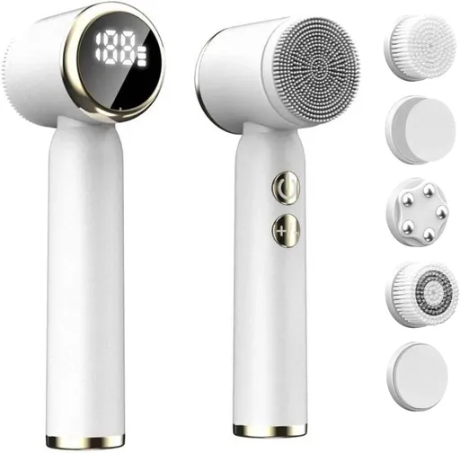 6-in-1 Electric Facial Cleansing Brush Set with 5 Brush Heads, Rechargeable Waterproof Face Brush for Deep Cleansing and Massage, White