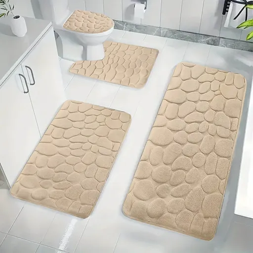 Bathroom Rugs Sets 4 Piece with Toilet Lid Cover, Non-Slip Absorbentb Rugs and Mats for Bathroom, Bath Rug Set Beige
