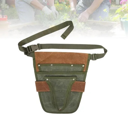 Garden Tool Belt, Adjustable Waxed Canvas Gardener Waist Bag with Pockets for Gardening and DIY, Brown and Green