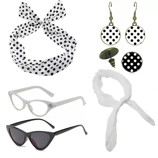White 6 Piece Vintage Polka Dot Party Kit Accessories Set - 1950s Retro Costume with Cat Eye Sunglasses, Headband, Earrings, Studs and Neck Scarf for Cosplay and Themed Events