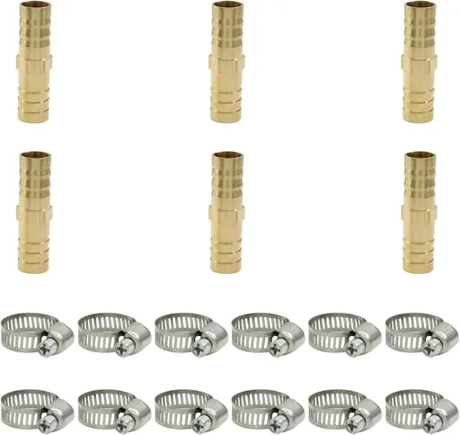 6Pcs Brass Hose Barb Fitting, 1/2" to 1/2" Barb Splicer Mender Hose Fittings Brass Hose Barb Adapter with Pipe Hose Clamp for Air Water Fuel Oil
