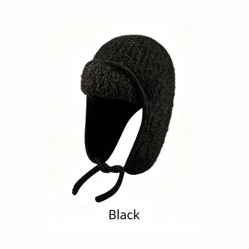 Women Sherpa Aviator Beanie - Warm Earflap Knit Hat Black