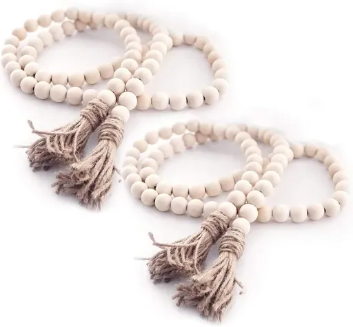 Farmhouse Beads Wood Bead Garland with Tassels Rustic Country Decor Boho Beads Big Wall Hanging Decor (2 Pack)