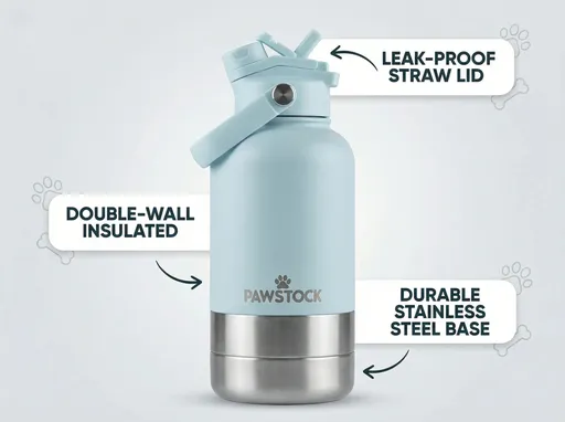 Pawstock 3-in-1 Insulated Dog Water Bottle with Dual Bowls – 1L Stainless Steel Travel Bottle-Aqua