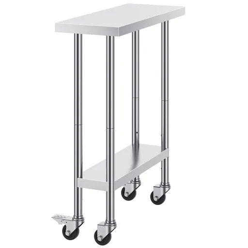 Stainless Steel Work Table 30 x 12 x 38 Inch, with 4 Wheels, 3 Adjustable Height Levels, Heavy Duty Food Prep Worktable for Commercial Kitchen Restaurant, Silver