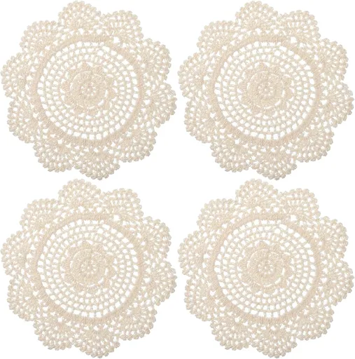 4 Pcs Cotton Lace Doilies Vintage Crochet Doilies 7.8 Inch Round Cotton Handmade Lace Cloth Fabric Placemats Doily for Tables Kitchen Dining Room Dessert Coasters Wedding Birthday Party Decoration