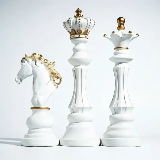 Luxury Resin Chess Piece Statues Set of 3 - King, Queen & Knight Horse Head Sculptures with Gold Trim - Classic Strategy Game Art Decor for Living Room, Study, Office & Bar Cabinet（White）