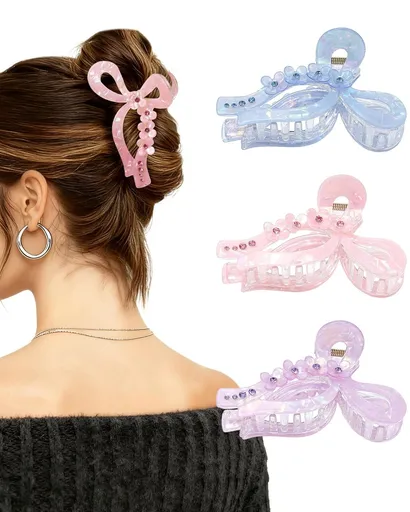 4.3" Acrylic Bow Hair Clips or Women Cute Bow Claw Clip 3PCS Large Hair Claw Clips or Thick or Long Hair Bows (Pink + Blue + Purple)