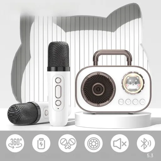 Karaoke Speaker Portable Bluetooth Dual Mic System Compact Wireless Microphone Set White