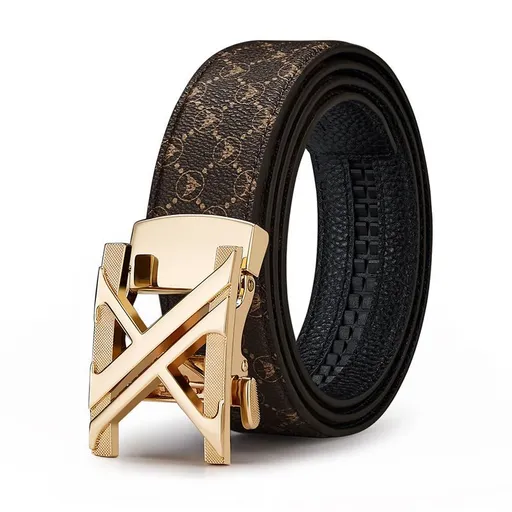 Men'S Genuine Leather Belt X-Shaped Buckle Men'S Accessories Trendy Belt - Golden buckle coffee colored strap - Size 115cm
