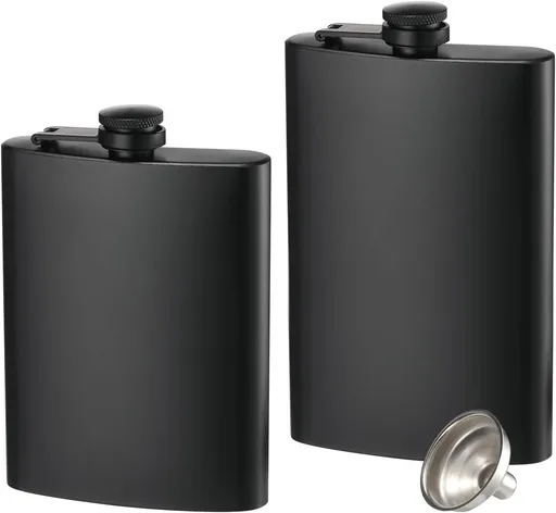 2-pack hip flasks, 8oz and 12oz stainless steel leak-proof slim hip flasks with funnel for men and women (matte black)