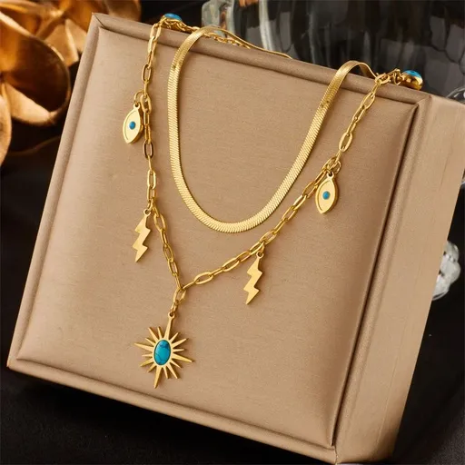 Double-layered bohemian-style necklace, 18K gold-plated titanium choker with eye and lightning bolt pendants