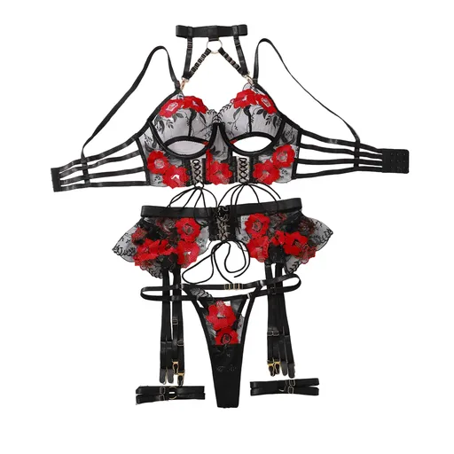 House Of Dasein Sexy Lingerie Embroidery Flower Tie Cross Hollow Perspective Five Piece Set - Black And Red - M
