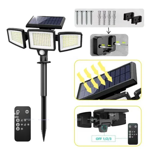 Solar Powered Motion Sensor Outdoor Light with Remote Control and ground plug for Garden Garage and Front Door+ground plug