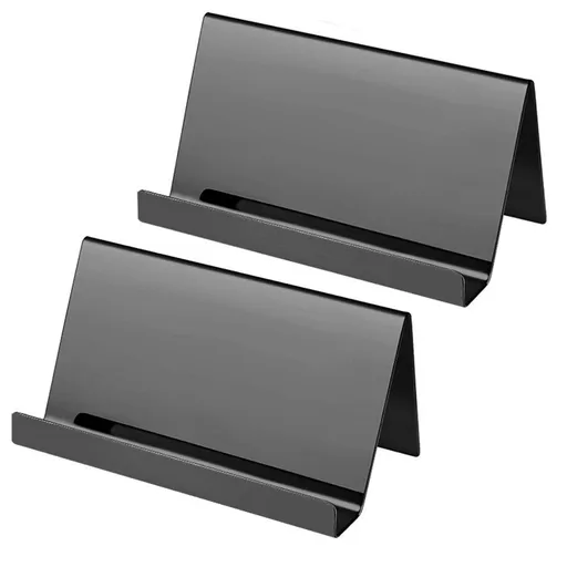 2pcs Business Card Holder, Reflective Stainless Steel Desktop Name Cards Display Stand for Office Desk, Black