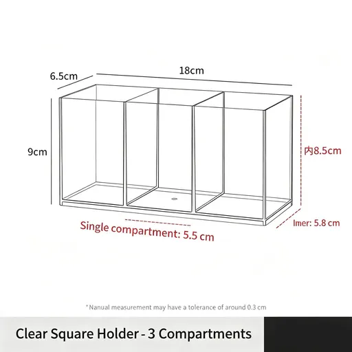 Clear Square Makeup Holder, 3 Compartments Acrylic Storage Tube For Lipstick & Cosmetic Tools