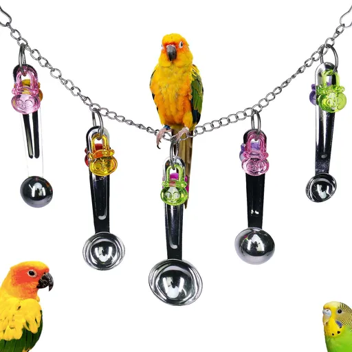 Bird stainless steel toy, safe and stable spoon chewing toy parrot, long tailed parrot, parrot, parrot colored pendant toy,