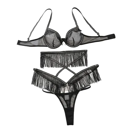 House Of Dasein Sexy Hollow Perspective Lingerie Three Piece Set - Black - M