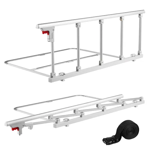 Foldable Bed Rail for Elderly, 122 cm Bedside Assist Rail with Fixing Strap, Adjustable Height Pipe Bedside Cane, High-Strength Metal Senior Bed Bar, Hand Guard Grab Fits King, Queen, Full, Twin
