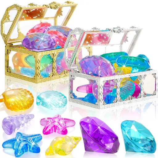 24 Pcs Diving Gems Toys Colorful Mermaid Pool Toys with 2 Treasure Pirate Boxes Summer Treasure Toys Set for Girls (Ocean Style)