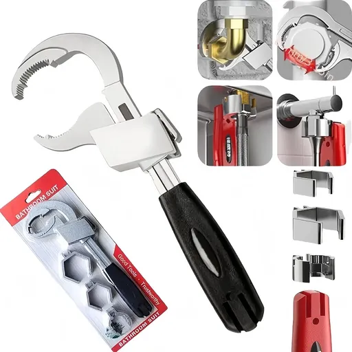 Large-Open Adjustable Basin Wrench, 3-Head Interchangeable Tight-Space Plumbing Tool, Aluminum Alloy Anti-Slip Home Maintenance Tool(Black handle)